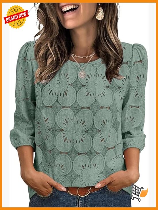 Tops - Lace Eyelet Blouse 3/4 Sleeve Bohemian Top Lightweight Summer T-Shirt